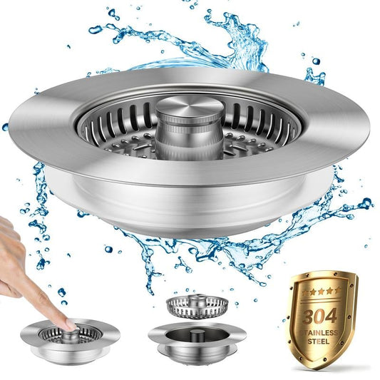 3-in-1 Kitchen Sink Drain Strainer,Stainless Steel Sink Plug, Deodorizing Anti-ClogBasket Strainer for US Standard 3-1/2 Inch Drains