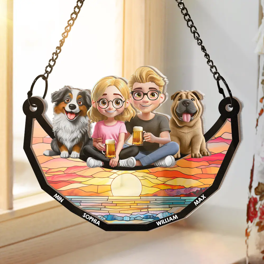 Dog Lovers Sitting On The Moon - Personalized Window Hanging Suncatcher Ornament