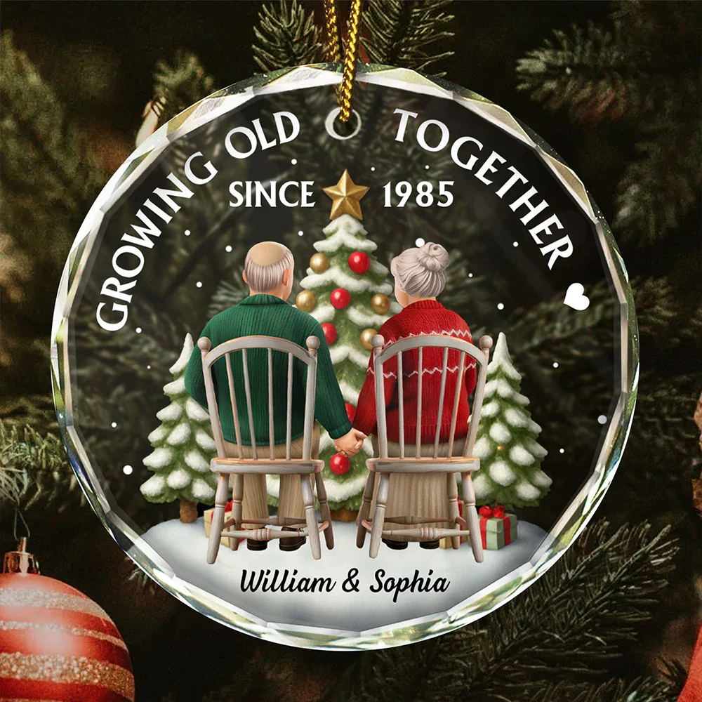 3D Effect Couple Growing Old Together - Personalized Circle Glass Ornament