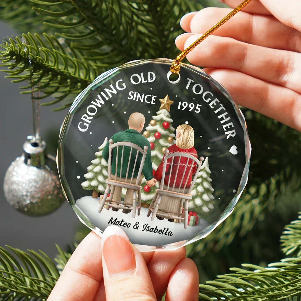3D Effect Couple Growing Old Together - Personalized Circle Glass Ornament